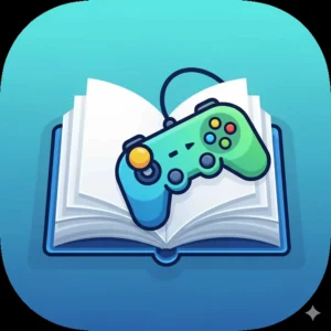 An illustration of a mobile app icon with a book and a game controller, symbolizing a digital reading comprehension game.
