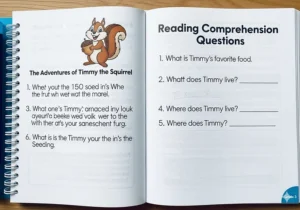 A close-up of a reading comprehension workbook page with a short story and questions for a third-grade student.