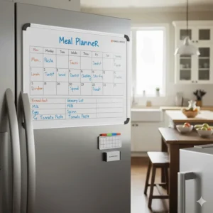 A magnetic meal planner board with a weekly layout on a kitchen refrigerator, showing organized dinner ideas.