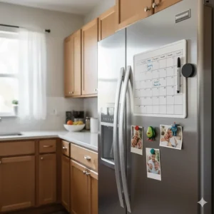 A clean, modern kitchen scene with a stainless steel refrigerator, featuring a magnetic calendar prominently placed on the door.