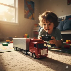 A child operating a remote control semi truck on a carpeted floor, demonstrating its steering and speed capabilities.