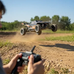 A fast remote-control car jumping over a small ramp outdoors, a fun action-based option for toys for teenagers.