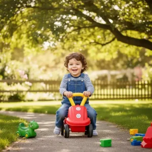 A little boy riding a durable, safe push car, a great outdoor toy for 2-year-old boys.