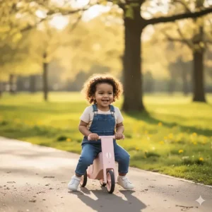 An active 2 year old girl scooting happily on a safe, low ride-on toy in a park setting.