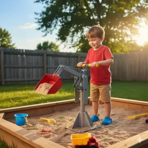 A heavy-duty sand digger and scooper toy mounted in a sandbox, providing construction-themed fun for five-year-old children.