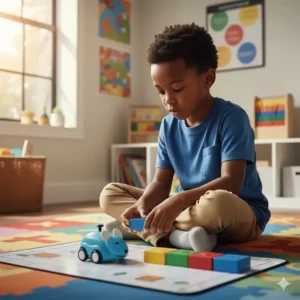 A six-year-old programming a small, screen-free coding robot toy like Botley or Code & Go Mouse using physical blocks, introducing the basics of technology and logic.