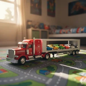 A red toy semi truck with a trailer hauling miniature race cars, illustrating its play value and ability to carry other toys.