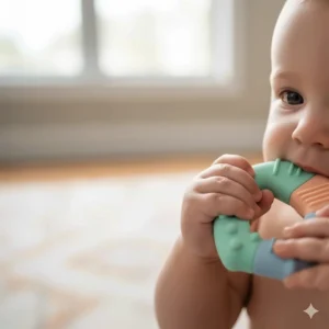 Safe, textured silicone teething toy being held by a 7-month-old to soothe their gums.