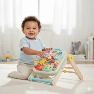 A flexible sit-to-stand walker toy, easily converting from a floor activity panel to a supportive walker for beginners.