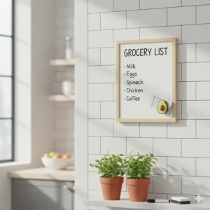 A small, framed custom whiteboard with a list of groceries, hanging in a kitchen.