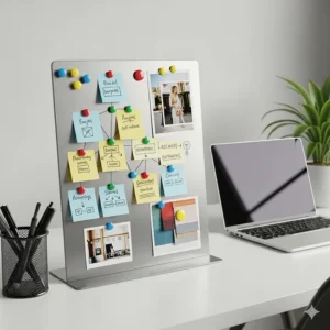 A compact magnetic board sits on a desk, used to organize a project's notes and ideas with small, colored magnets for quick visualization.