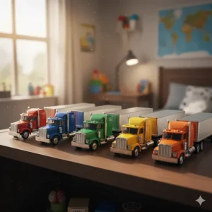 Group of miniature small diecast semi trucks, perfect for collectors and smaller children, arranged in a row.