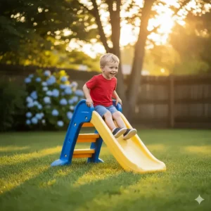 A small, safe plastic slide with three steps, an ideal beginner outdoor toy for 3-4 year olds to encourage gross motor skills.