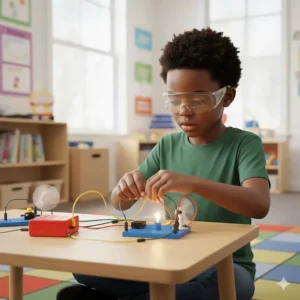 A beginner-level Snap Circuits electronics kit with colored components snapped together on a board, showing a simple working circuit like a fan or light.