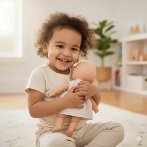 A soft, cuddly baby doll appropriate for a 2 year old girl to practice nurturing and social play.