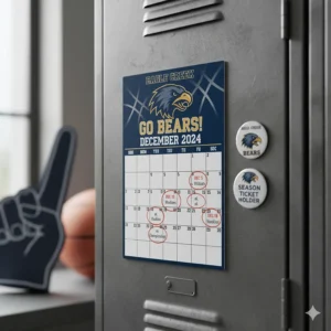A custom calendar magnet with a sports theme, featuring a team logo and a schedule of games. This personalized magnet is a great item for sports fans to keep track of their favorite team's season.
