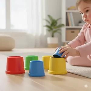 A set of large, brightly colored stacking cups, excellent educational toys for 2 year olds girl to learn colors and sizes.