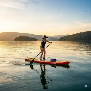 A person gracefully paddling on a stand-up paddle board (SUP), a great lake toy for exercise and exploring the water.