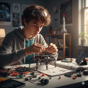 A close-up of a teen building a complex robot with a STEM kit, demonstrating educational and engaging toys for teenagers.