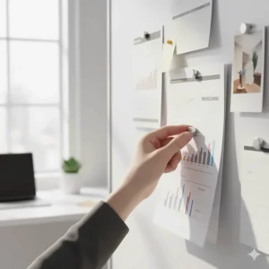 Powerful neodymium dry erase board magnets holding up multiple sheets of paper.