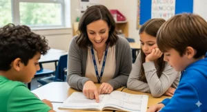 A teacher pointing to a passage in a reading comprehension workbook while explaining a concept to a small group of students.