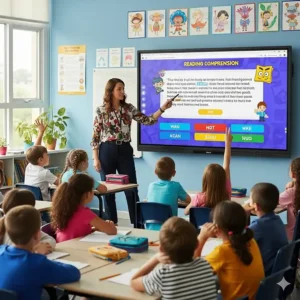 A teacher uses a large touchscreen to lead a class in a collaborative reading comprehension game, highlighting a teaching tool.