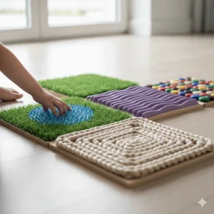 Variety of interlocking tactile tiles with deep, stimulating textures for foot and hand exploration, useful sensory input.