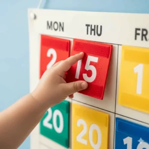 A toddler's chubby hand moving a large, velcro piece on a simple, low-tech calendar, demonstrating how easy it is to use for young children.