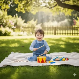 A colorful toy drum set, one of the best musical toys for 2-year-old boys to explore rhythm.