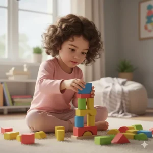 A happy 2 year old girl sitting on the floor concentrating while playing with colorful wooden building blocks, a great developmental toy.