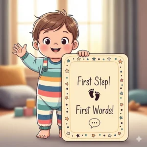 An illustration of a toddler standing proudly next to a milestone card celebrating a first step or first words.
