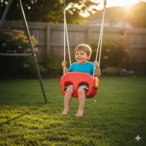 A secured toddler bucket swing on a small metal frame, a safe and fun backyard outdoor toy for 3-4 year olds.