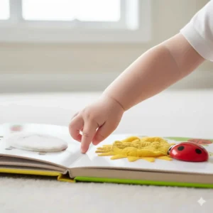 An infant's hand pointing at a page in a touch-and-feel board book, a great toy for 7 months old to promote language.