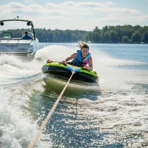 An action shot of a person riding a thrilling towable tube, pulled behind a boat, demonstrating a fun option for lake toys.