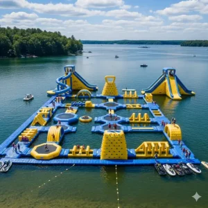 A child joyfully pushes a small plastic toy boat across the surface of a swimming pool, demonstrating active play with water toys.