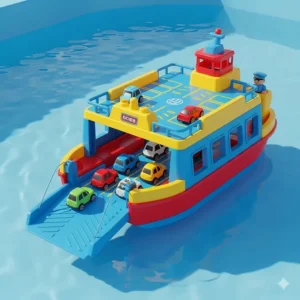 A detailed toy ferry boat with a ramp and space for small cars, promoting imaginative play in the water.