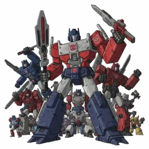 An illustration of a group of Autobots led by a powerful Transformers agent knight.