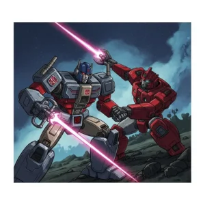 An illustration depicting a Transformers agent knight engaged in a fierce fight with a Decepticon.
