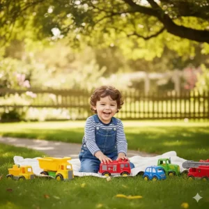Collection of chunky toy trucks and cars, perfect vehicle toys for 2 year old boys.
