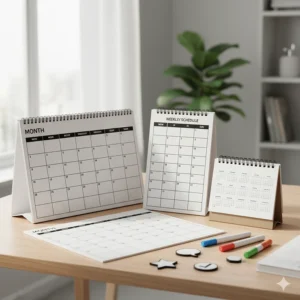 A collection of different magnetic calendars, showing a variety of layouts including weekly, monthly, and yearly options.
