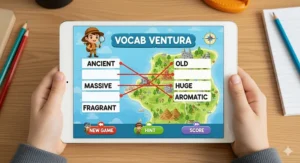 An image of a digital word-matching game, designed to help fifth-graders expand their vocabulary through fun, interactive challenges.