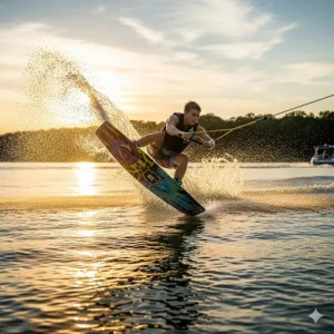 A wakeboarder skillfully gliding across the lake's surface, a classic and thrilling water sport that's considered one of the best lake toys.
