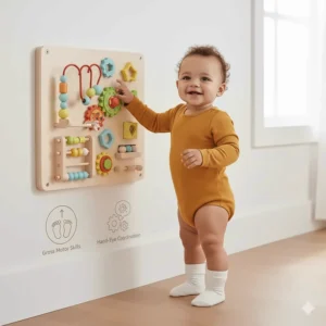 Illustration highlighting the gross motor skill and coordination benefits of using supportive infant walking toys.