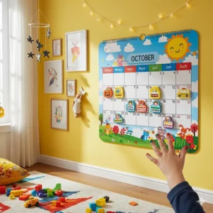 An interactive wall calendar displayed in a child's brightly decorated bedroom, serving as both a functional tool and colorful decor.