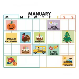 A simple, visual wall calendar ideal for toddlers, with pictures to represent holidays and major events.