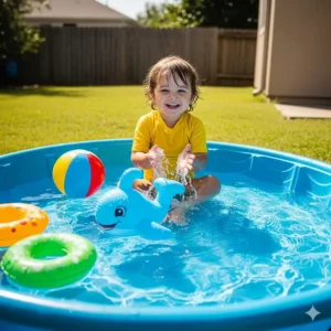 An overhead view of a multi-level water play table filled with various waterway toys like buckets, a water wheel, and a toy boat.