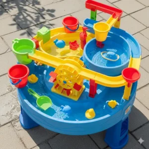An overhead view of a multi-level water play table filled with various waterway toys like buckets, a water wheel, and a toy boat.
