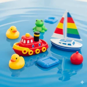 A colorful assortment of floating waterway toys, including a miniature tugboat and sailboat, arranged on a blue surface to represent a fun water play area for children.
