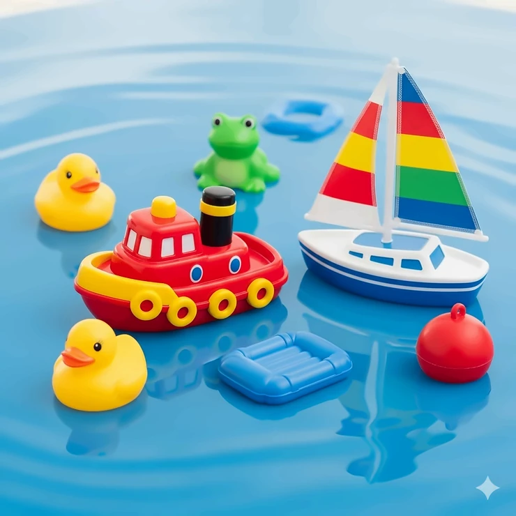 A colorful assortment of floating waterway toys, including a miniature tugboat and sailboat, arranged on a blue surface to represent a fun water play area for children.