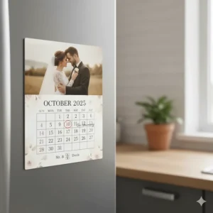 A personalized calendar magnet with a special highlight on an anniversary date. The design includes a couple's photo and a subtle, romantic theme, making it a perfect wedding or anniversary gift.